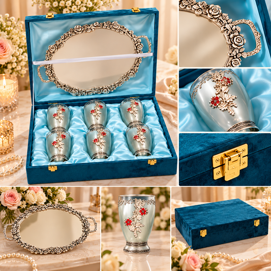 Luxury Silver Floral Tray & 6 Cup Gift Set in Premium Blue Velvet Box – Elegant Decorative Serving Set