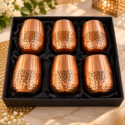 Set of 6 Hammered Copper Tumblers in Premium Black Gift Box – Elegant Copper Drinkware Set