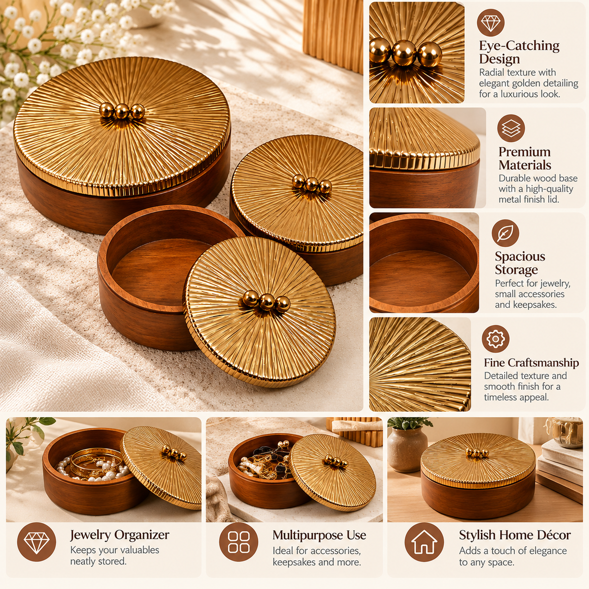 Luxury Wooden Storage Boxes with Gold Sunburst Lids