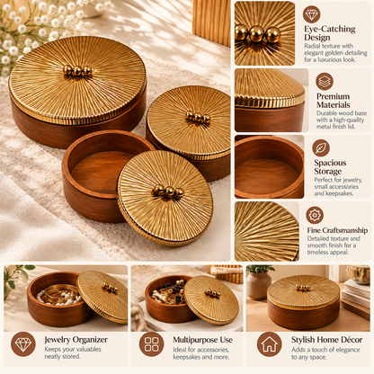 Luxury Wooden Storage Boxes with Gold Sunburst Lids