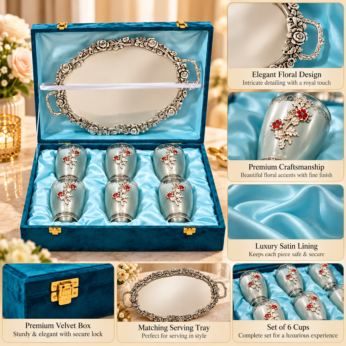 Luxury Silver Floral Tray & 6 Cup Gift Set in Premium Blue Velvet Box – Elegant Decorative Serving Set