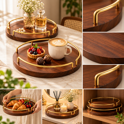 Set of 2 Round Wooden Serving Trays with Gold Metal Handles