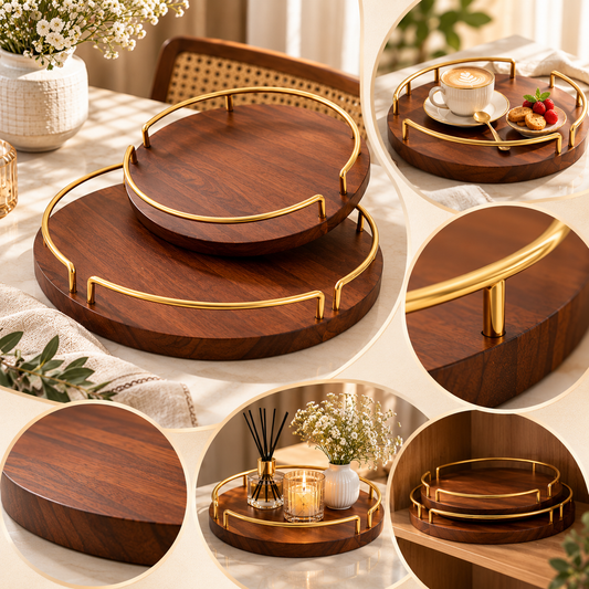 Set of 2 Round Wooden Serving Trays with Gold Metal Handles