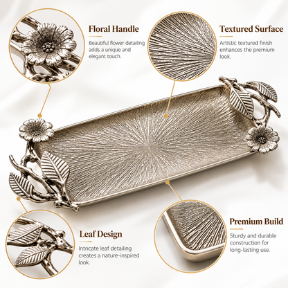 Elegant Silver Decorative Serving Tray with Floral & Leaf Design