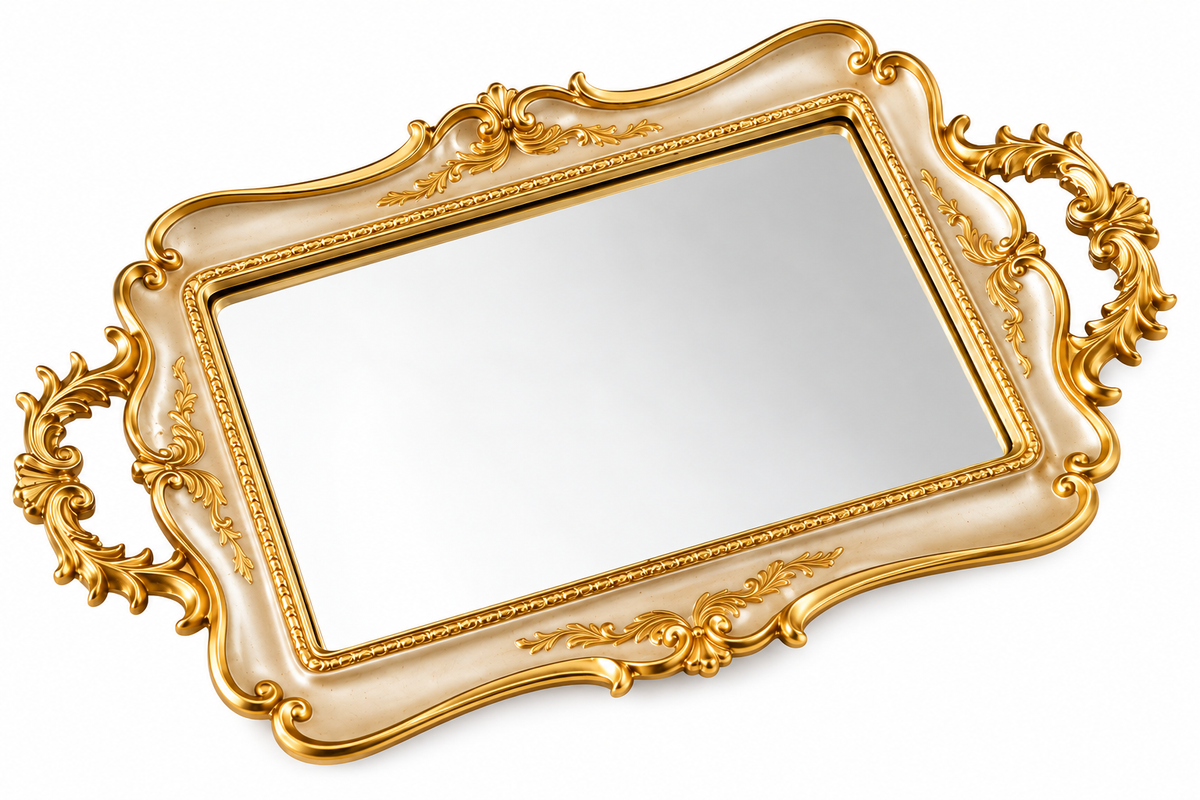 Luxury Gold & Ivory Ornate Mirror Tray – Royal Decorative Serving Tray for Vanity, Perfume & Home Décor
