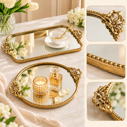Luxury Gold Mirror Tray Set of 2 – Ornate Round & Rectangular Decorative Trays for Serving