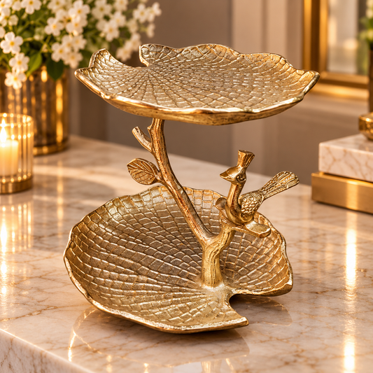 Elegant Gold Two-Tier Leaf Tray with Decorative Bird Accent – Luxury Metal Serving & Home Décor Stand