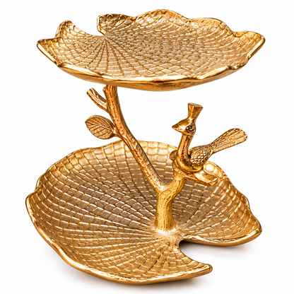 Elegant Gold Two-Tier Leaf Tray with Decorative Bird Accent – Luxury Metal Serving & Home Décor Stand