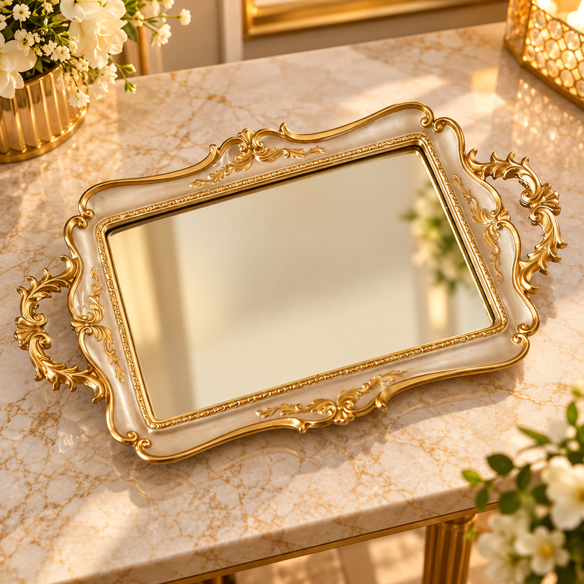 Luxury Gold & Ivory Ornate Mirror Tray – Royal Decorative Serving Tray for Vanity, Perfume & Home Décor