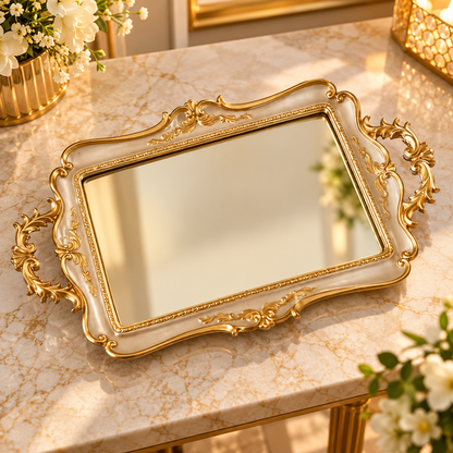 Luxury Gold & Ivory Ornate Mirror Tray – Royal Decorative Serving Tray for Vanity, Perfume & Home Décor