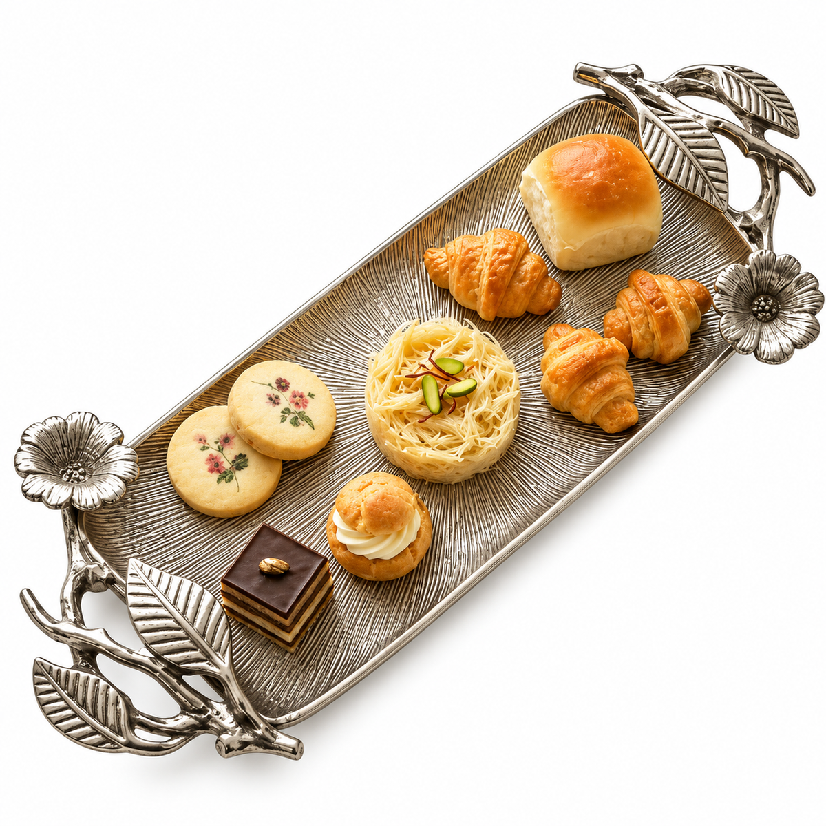 Elegant Silver Decorative Serving Tray with Floral & Leaf Design