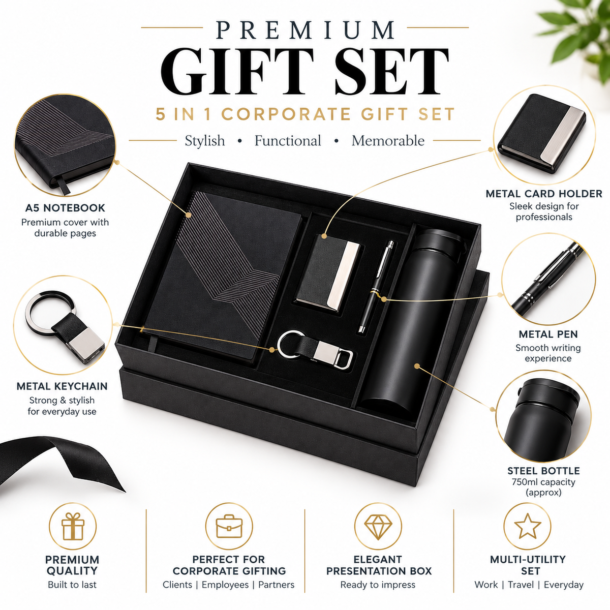 Premium 5-in-1 Corporate Gift Set with A5 Notebook, Steel Bottle, Metal Pen, Card Holder & Keychain in Luxury Black Gift Box