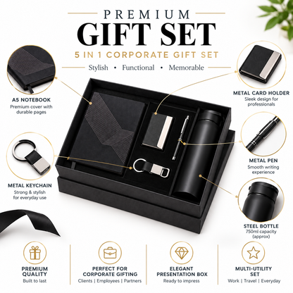 Premium 5-in-1 Corporate Gift Set with A5 Notebook, Steel Bottle, Metal Pen, Card Holder & Keychain in Luxury Black Gift Box