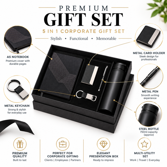 Premium 5-in-1 Corporate Gift Set with A5 Notebook, Steel Bottle, Metal Pen, Card Holder & Keychain in Luxury Black Gift Box