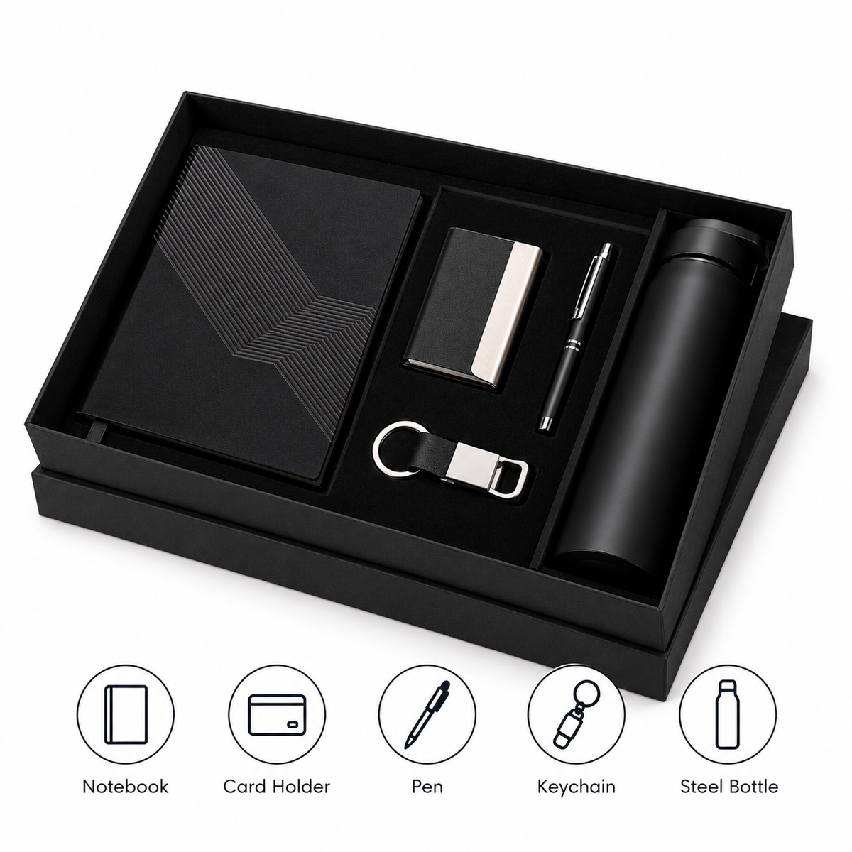 Premium 5-in-1 Corporate Gift Set with A5 Notebook, Steel Bottle, Metal Pen, Card Holder & Keychain in Luxury Black Gift Box