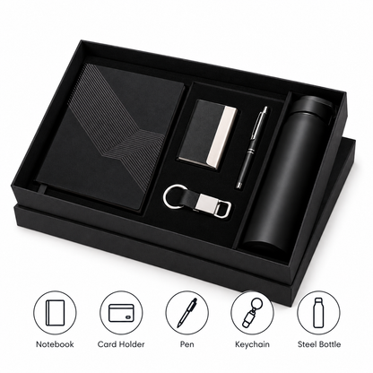 Premium 5-in-1 Corporate Gift Set with A5 Notebook, Steel Bottle, Metal Pen, Card Holder & Keychain in Luxury Black Gift Box