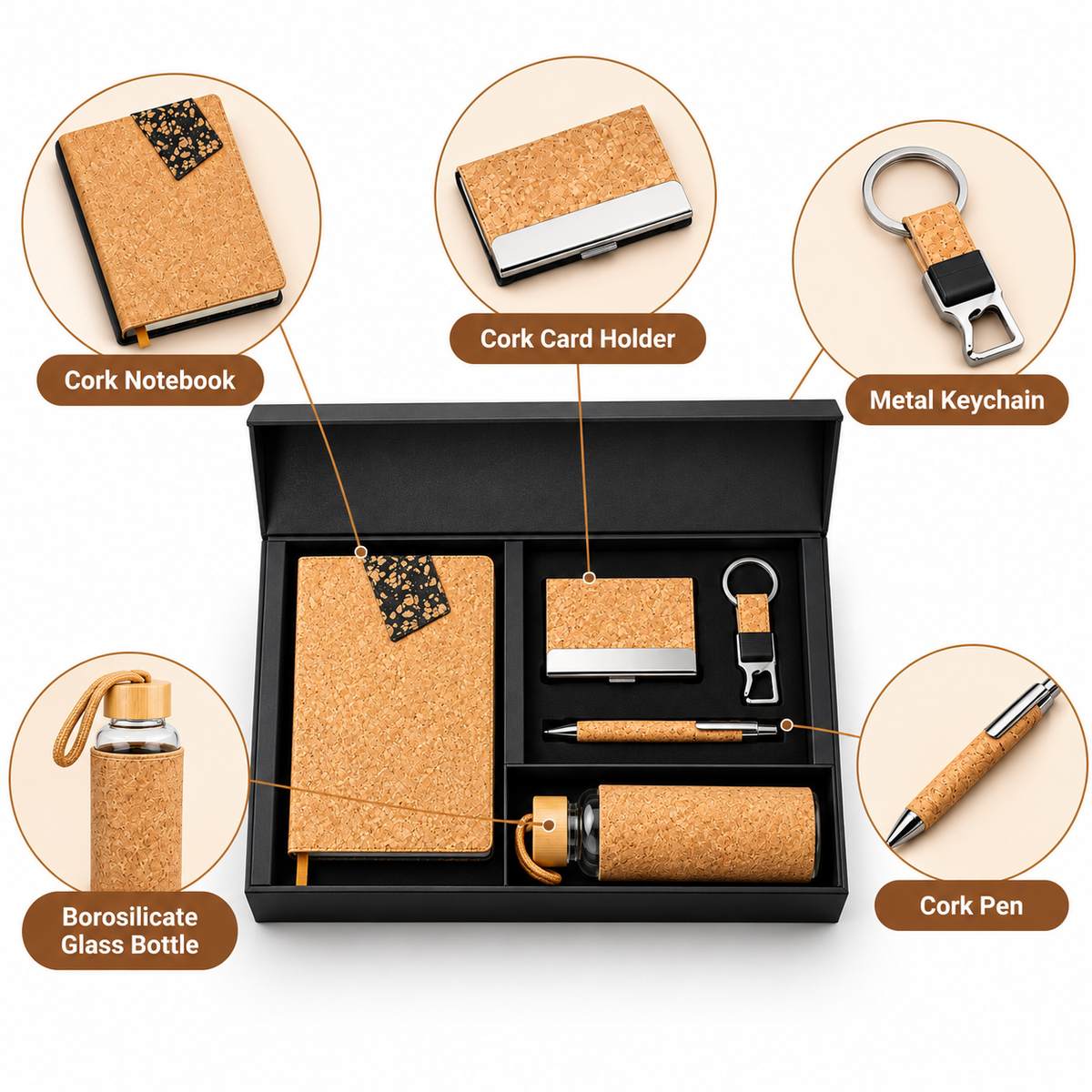 Compact 5-Piece Cork Corporate Gift Set with Cork Notebook, Pen, Metal Keychain, Card Holder & Borosilicate Glass Bottle