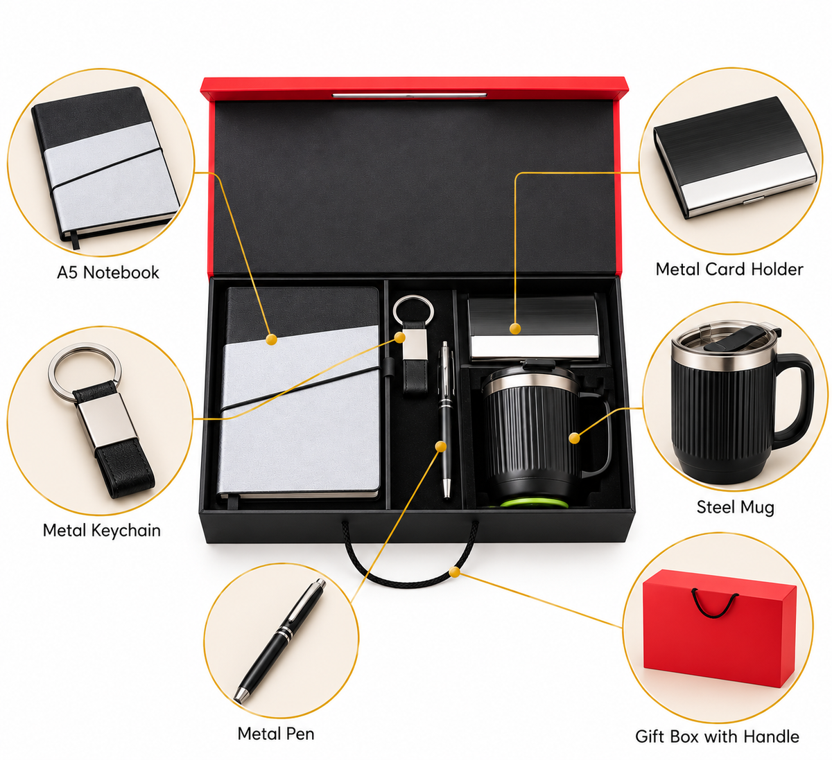 Premium 5-in-1 Corporate Gift Set with Dual-Tone A5 Notebook, Metal Bamboo Pen, Keychain, Card Holder
