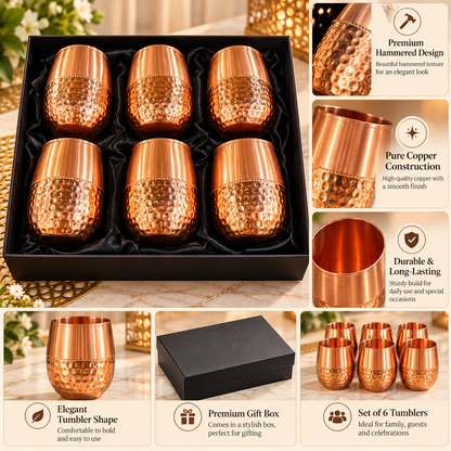 Set of 6 Hammered Copper Tumblers in Premium Black Gift Box – Elegant Copper Drinkware Set