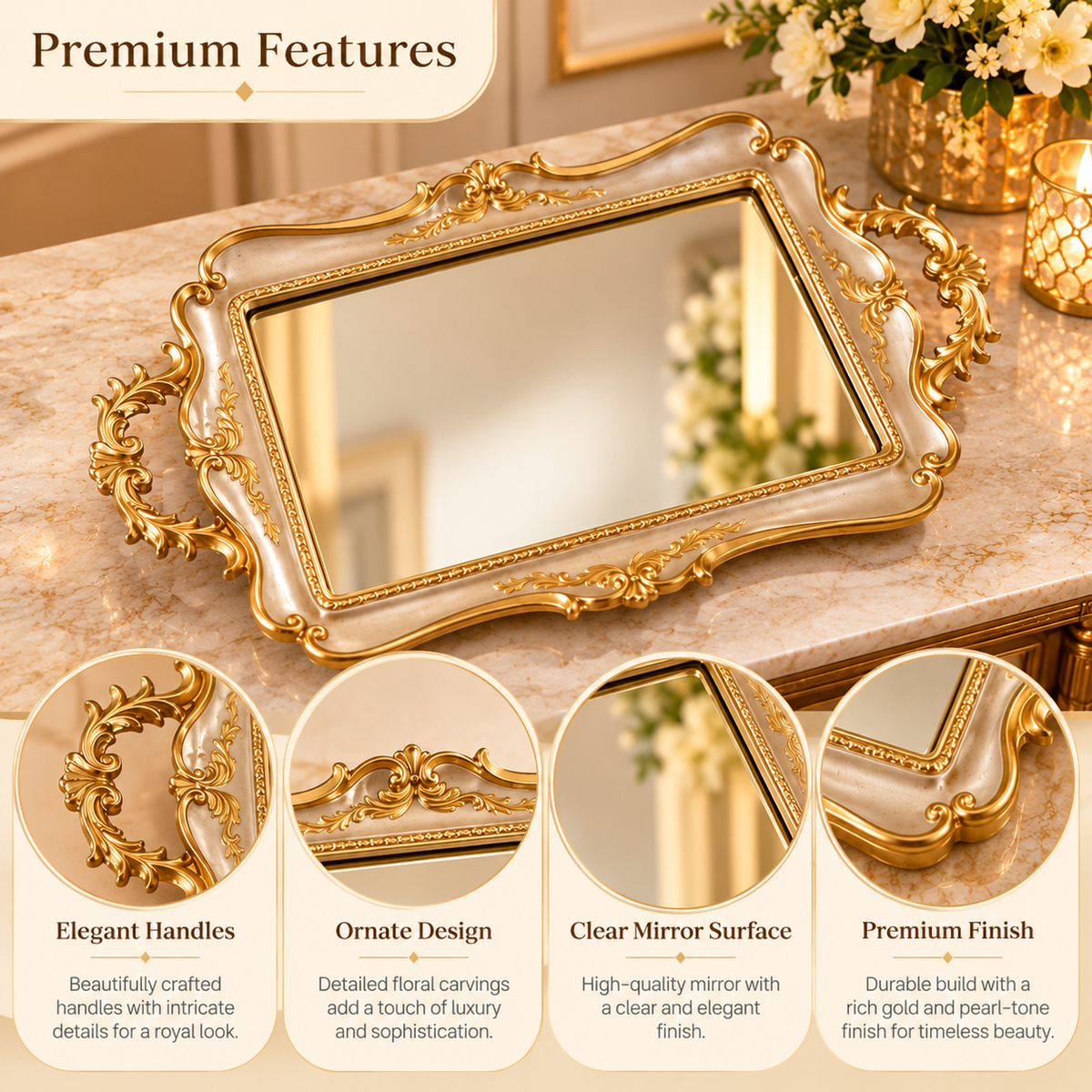 Luxury Gold & Ivory Ornate Mirror Tray – Royal Decorative Serving Tray for Vanity, Perfume & Home Décor