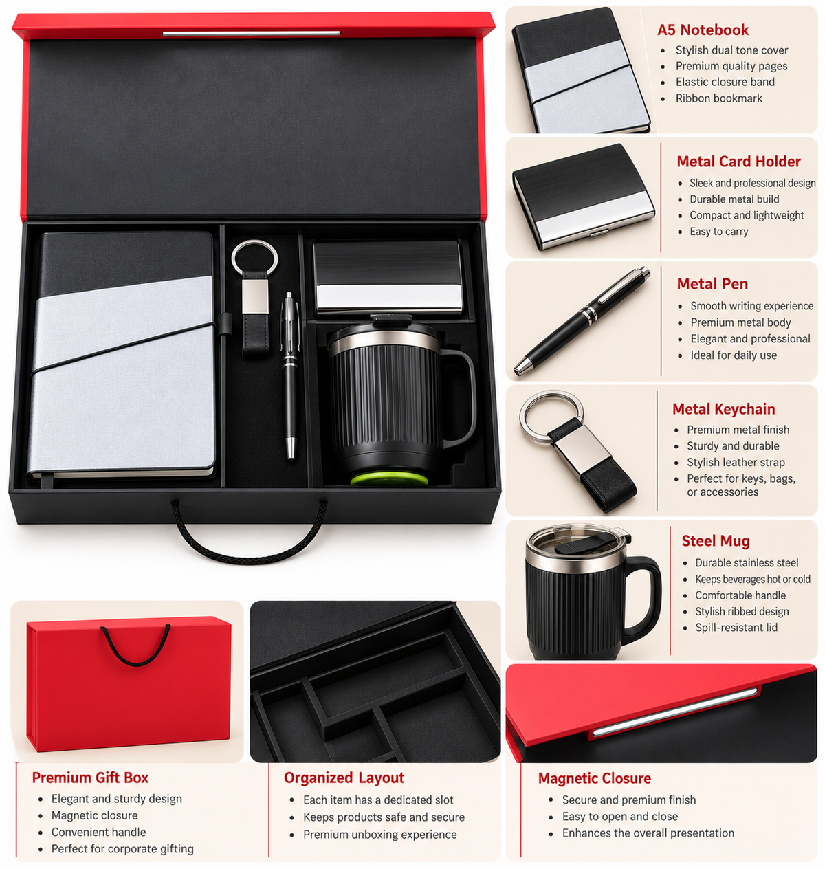 Premium 5-in-1 Corporate Gift Set with Dual-Tone A5 Notebook, Metal Bamboo Pen, Keychain, Card Holder