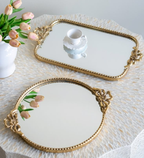 Luxury Gold Mirror Tray Set of 2 – Ornate Round & Rectangular Decorative Trays for Serving