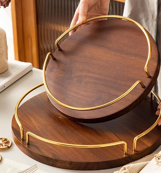 Set of 2 Round Wooden Serving Trays with Gold Metal Handles