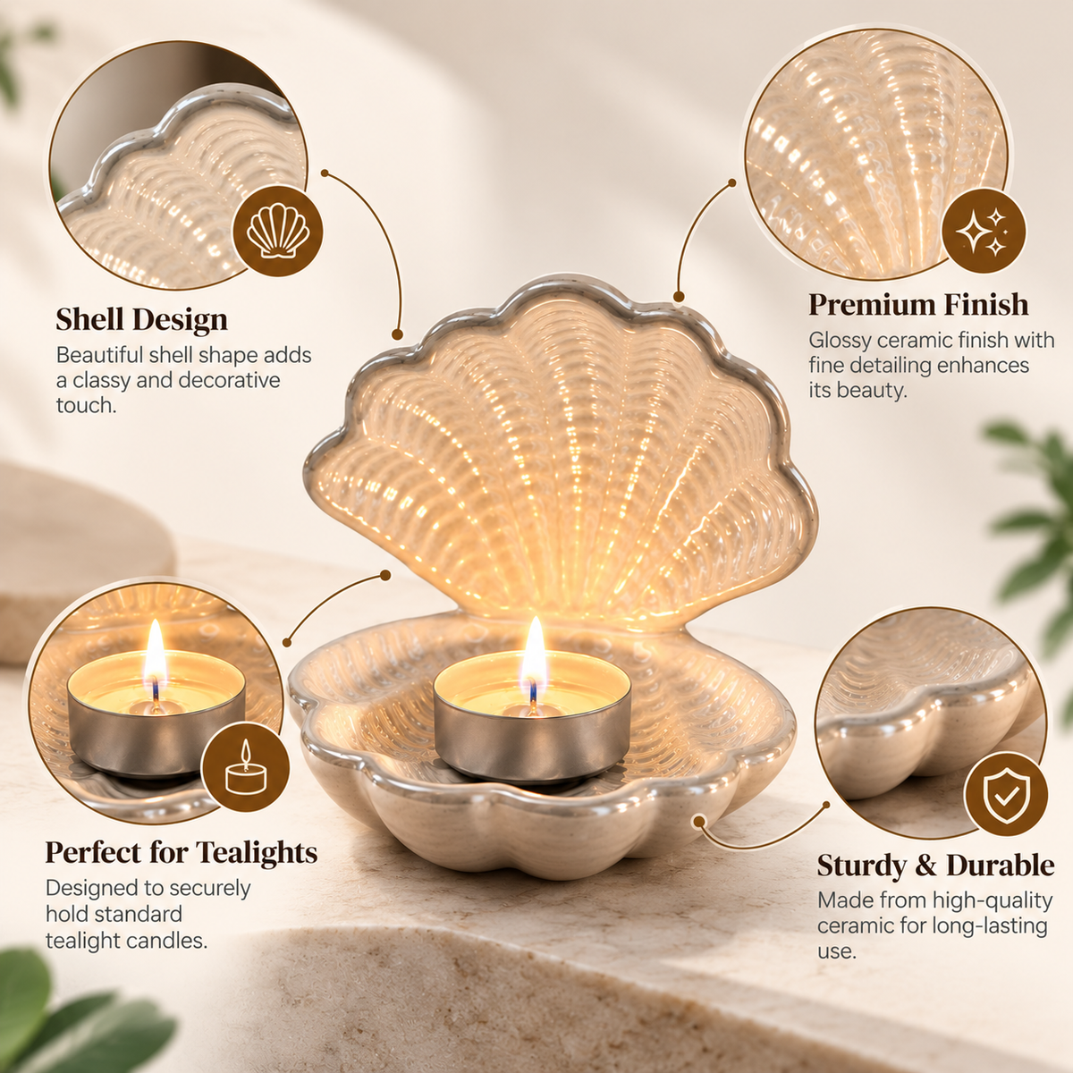 Elegant Pearl Ceramic Shell Tealight Candle Holder