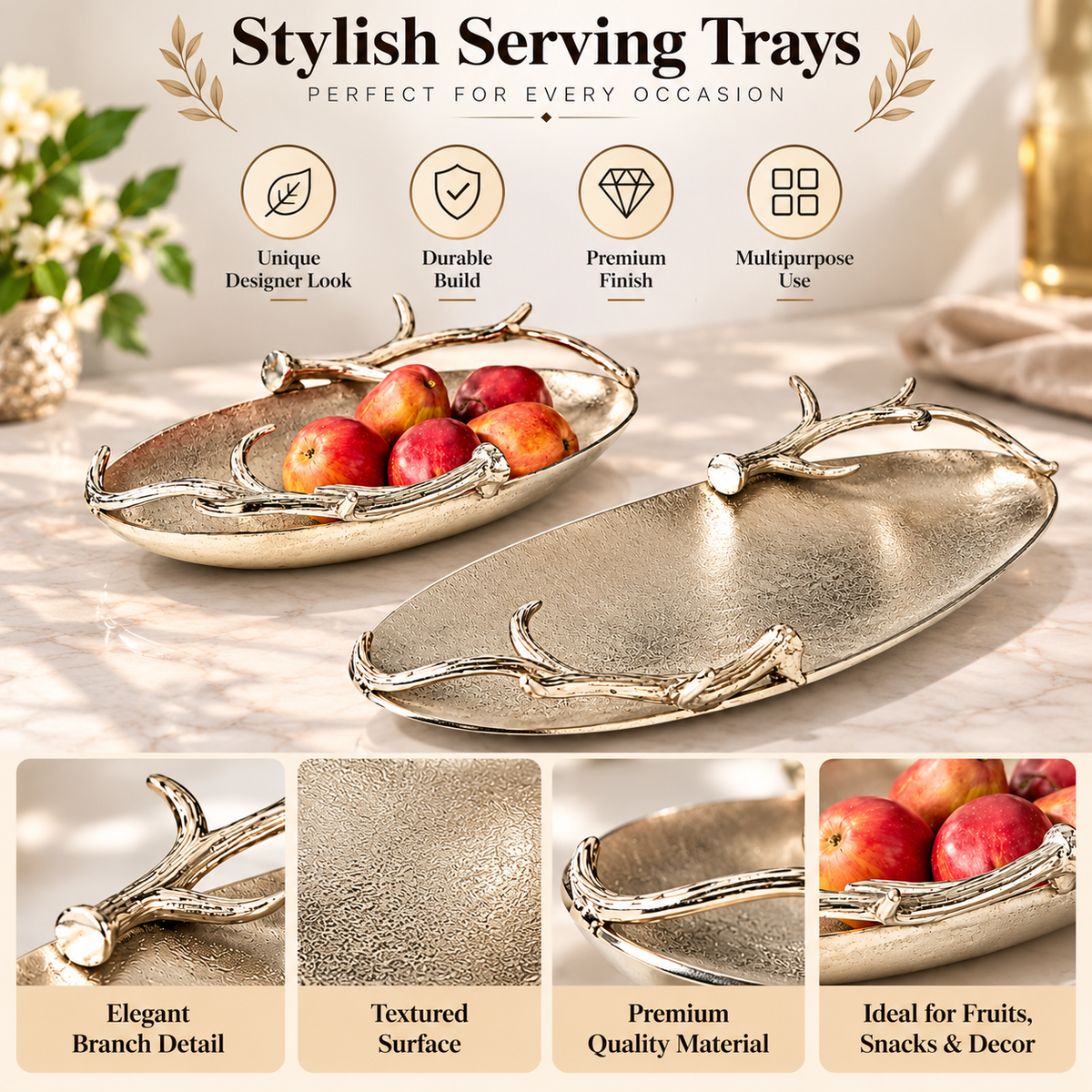 Luxury Metallic Oval Serving Trays with Elegant Branch Design
