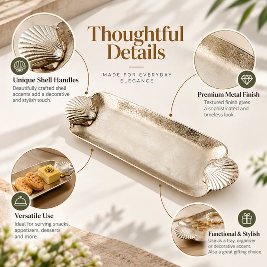 Elegant Silver Shell Handle Decorative Serving Tray