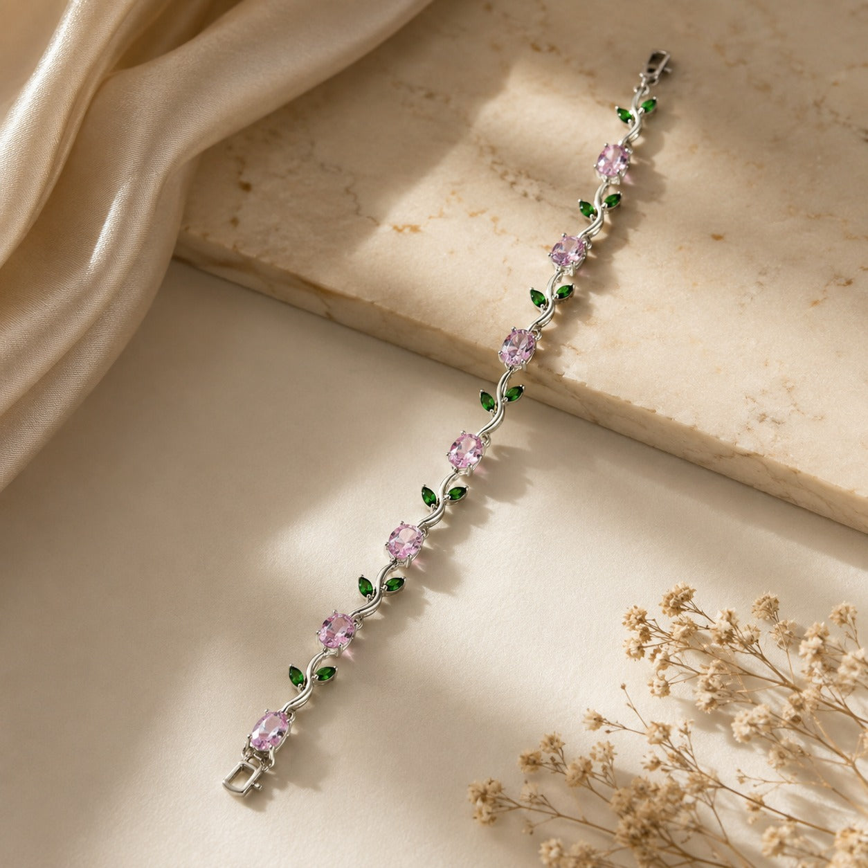 Silver Pink Crystal Vine Bracelet for Women