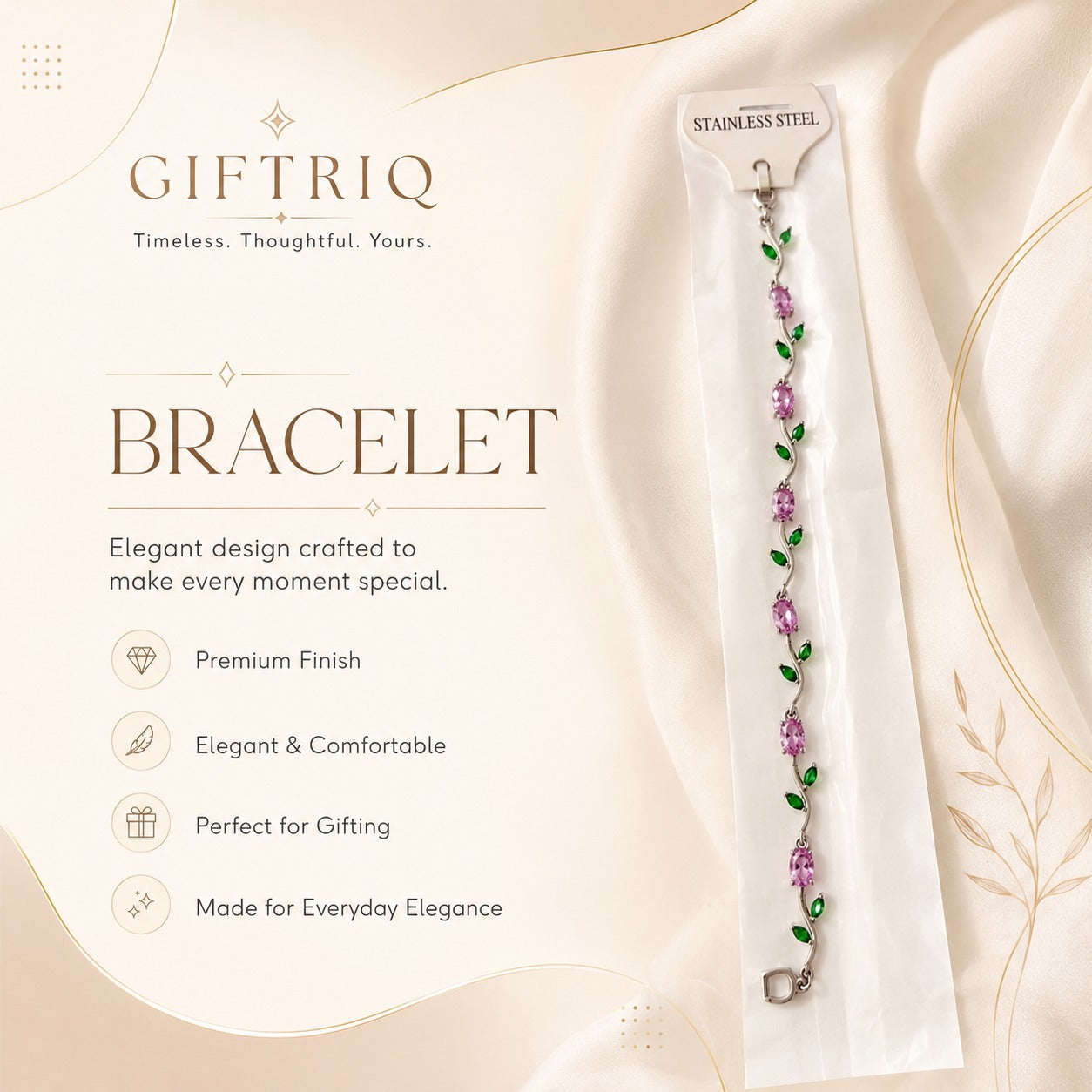 Silver Pink Crystal Vine Bracelet for Women