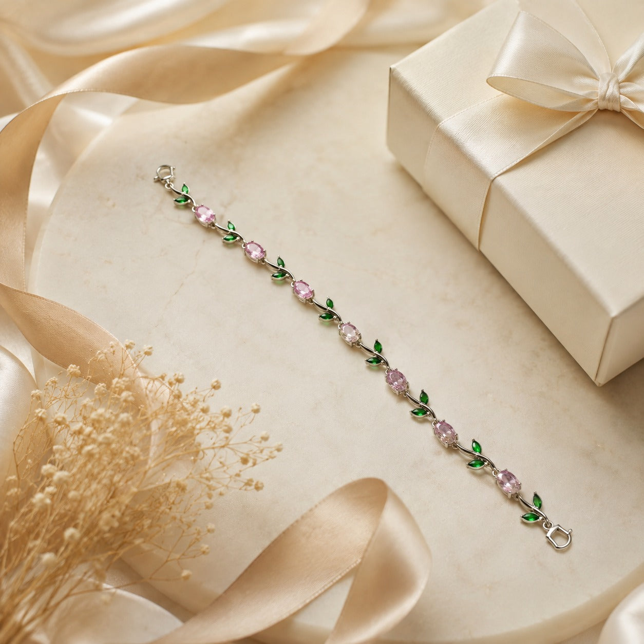 Silver Pink Crystal Vine Bracelet for Women