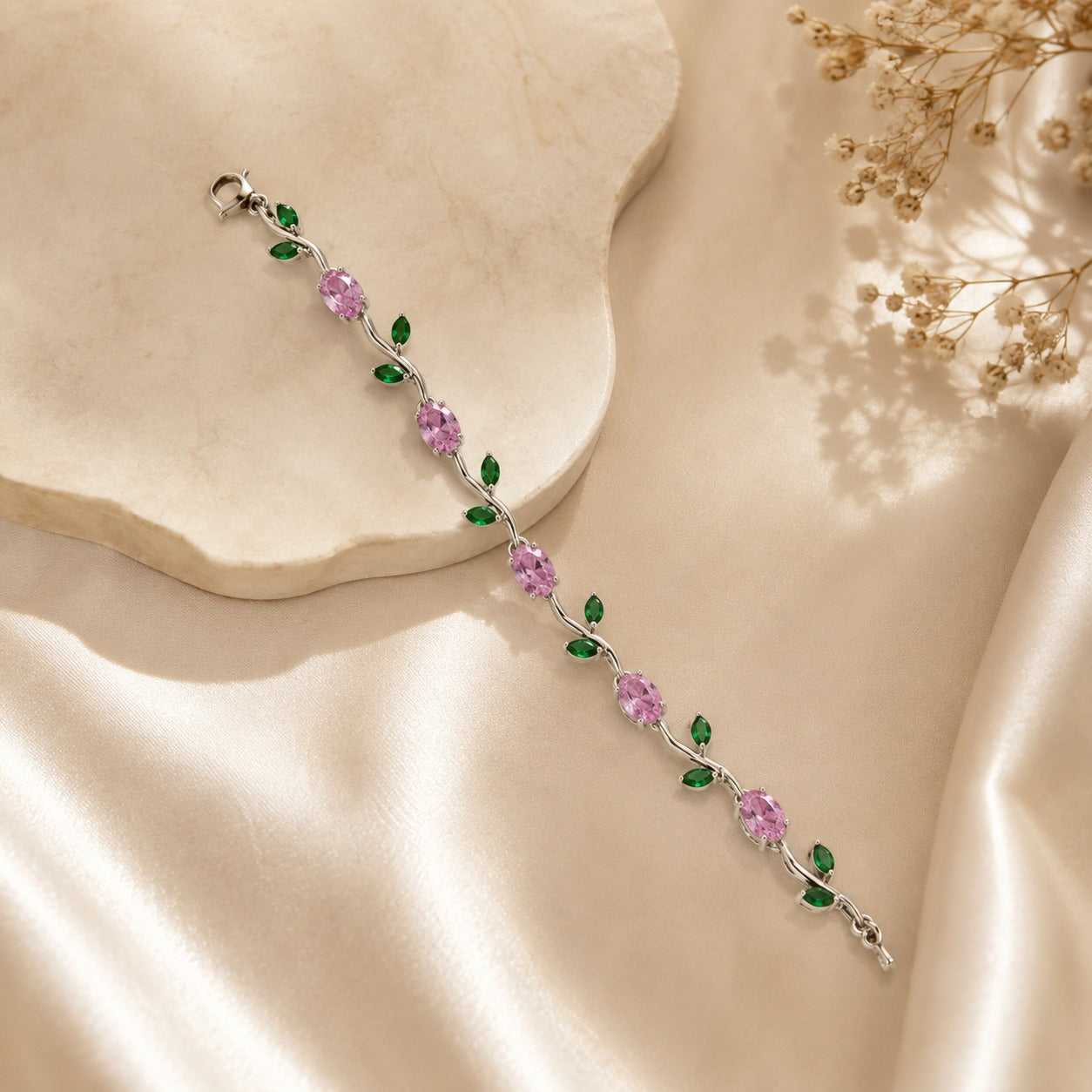 Silver Pink Crystal Vine Bracelet for Women