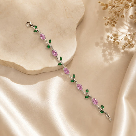 Silver Pink Crystal Vine Bracelet for Women