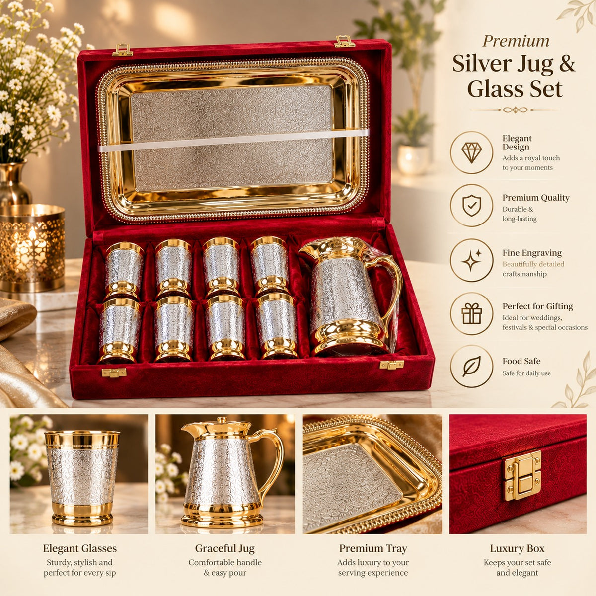 Pure Brass Decorative Jug And Glass Set