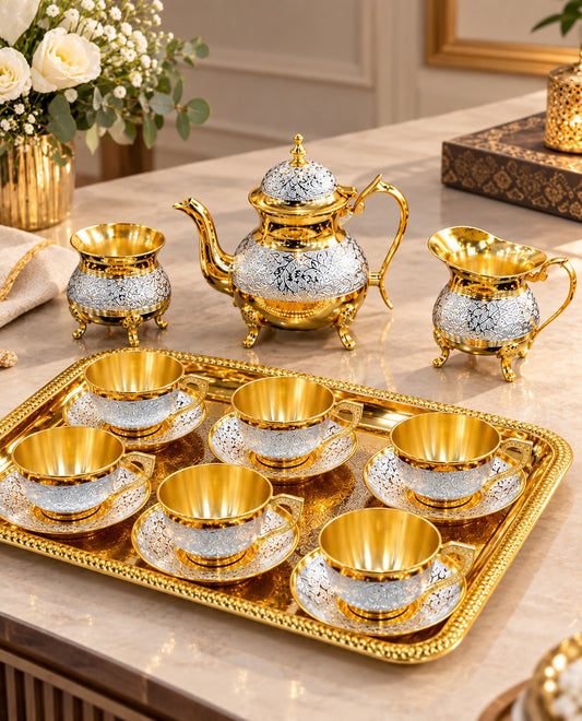 Pure Brass Decorative Tea Cup Set With Saucers