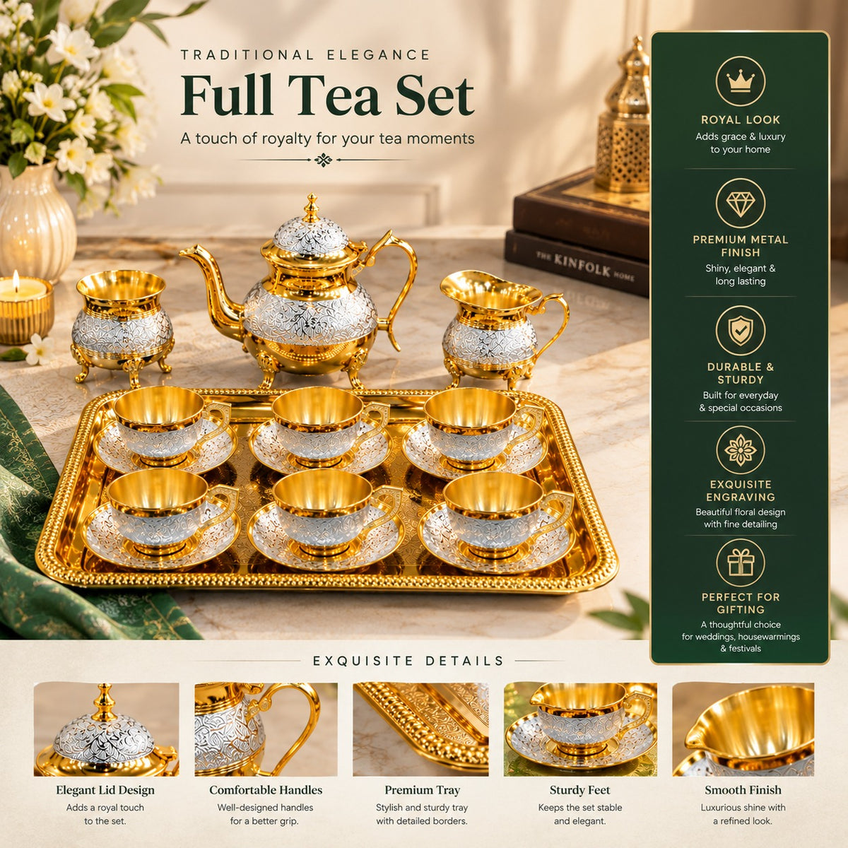 Pure Brass Decorative Tea Cup Set With Saucers