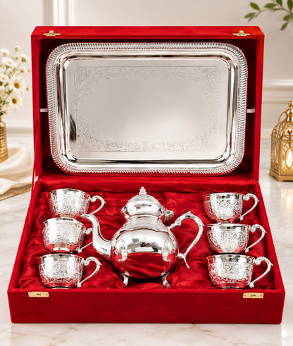 Engraved Brass Tea Set with Six Cups