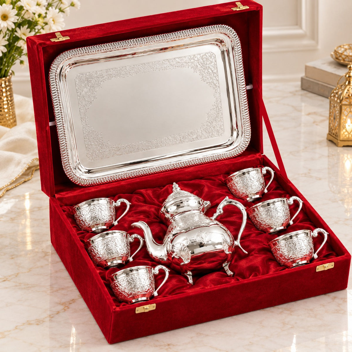 Engraved Brass Tea Set with Six Cups
