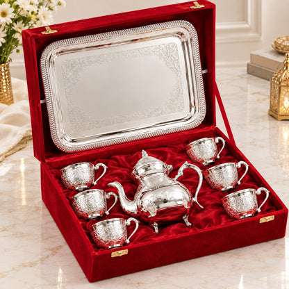 Engraved Brass Tea Set with Six Cups