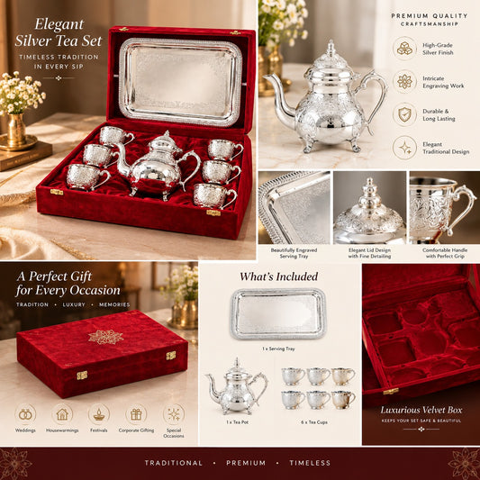 Engraved Brass Tea Set with Six Cups
