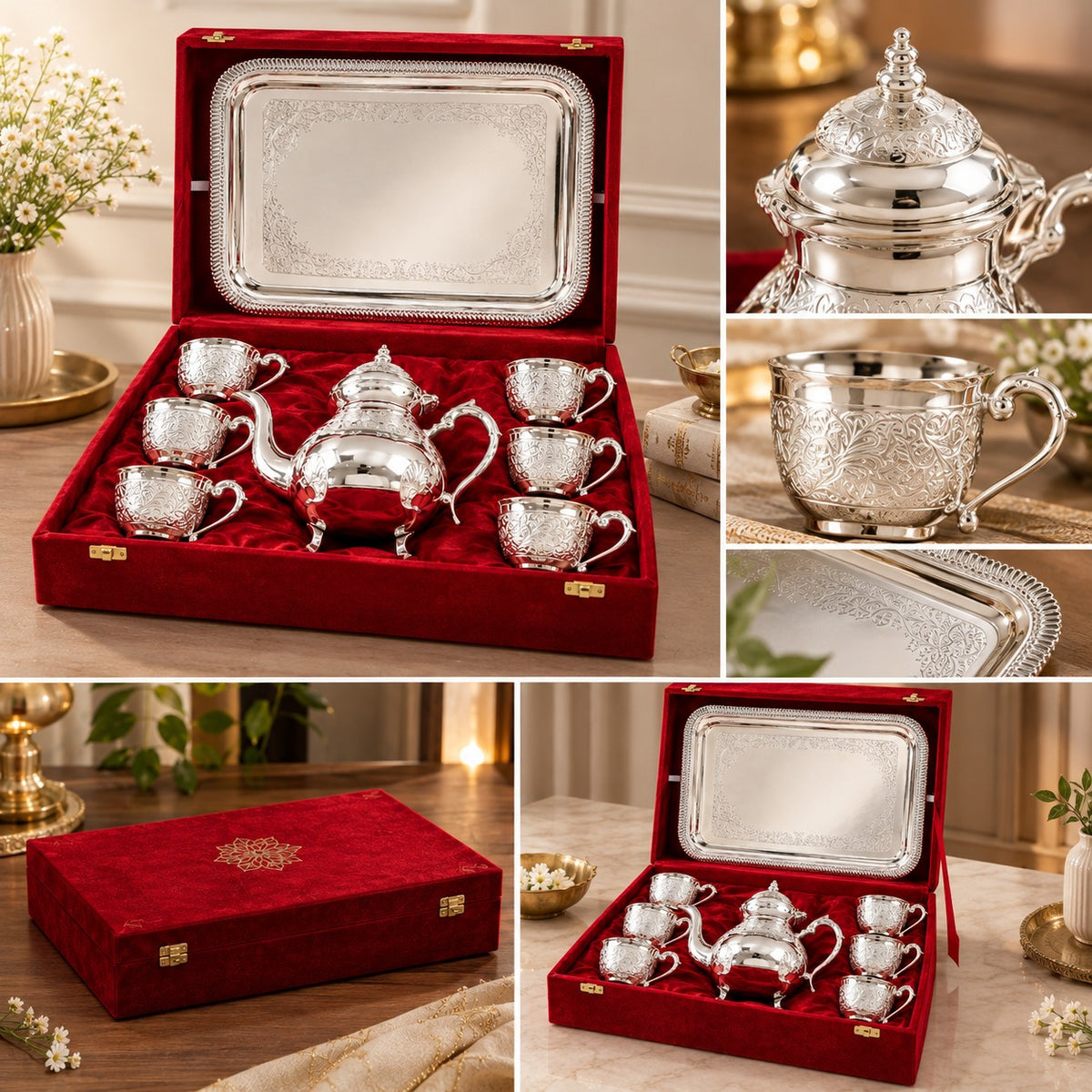 Engraved Brass Tea Set with Six Cups