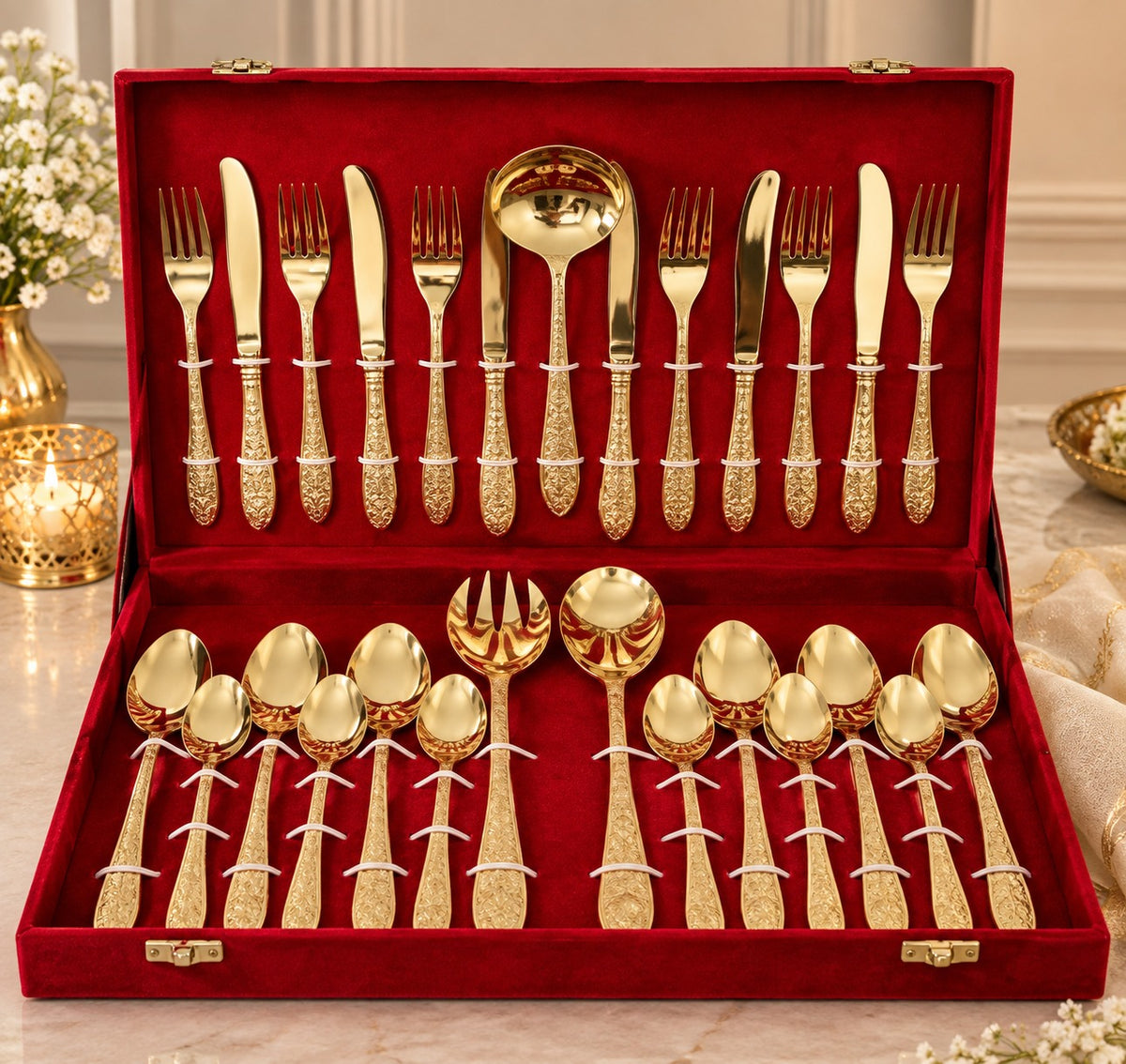 Gold Tone Engraved Pure Brass Cutlery Gift Set
