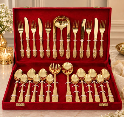 Gold Tone Engraved Pure Brass Cutlery Gift Set
