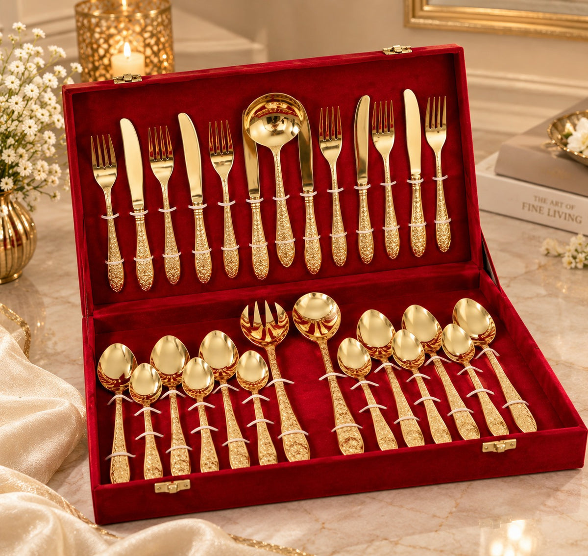 Gold Tone Engraved Pure Brass Cutlery Gift Set