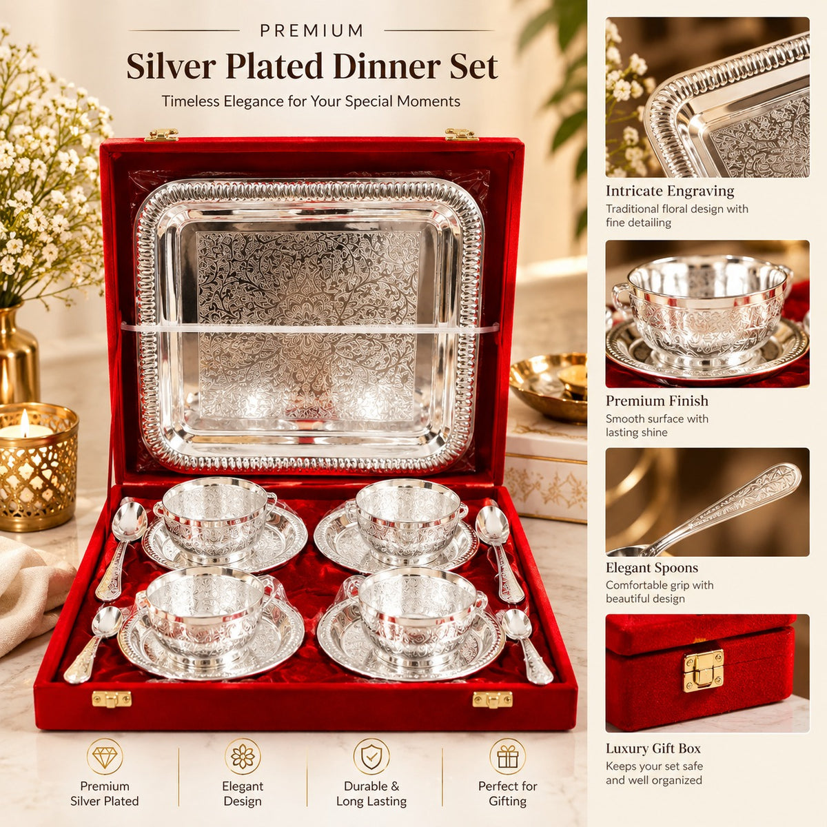 Pure Brass Tea Cup Set With Tray
