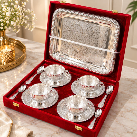 Pure Brass Tea Cup Set With Tray