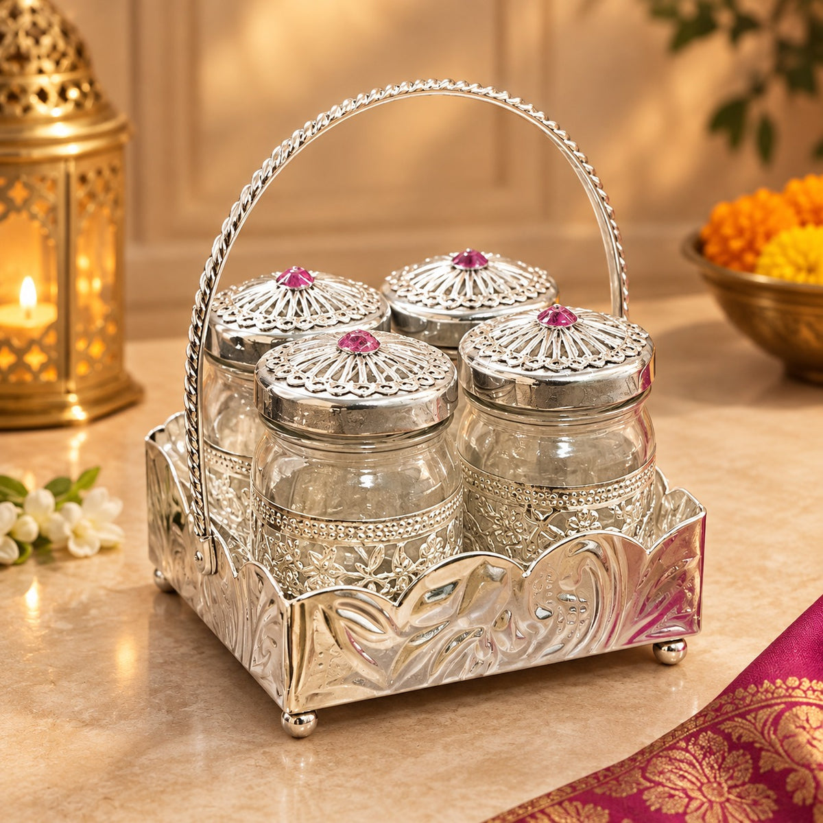 Royal Silver Decorative Glass Jar Set with Ornate Tray & Jewel-Topped Lids