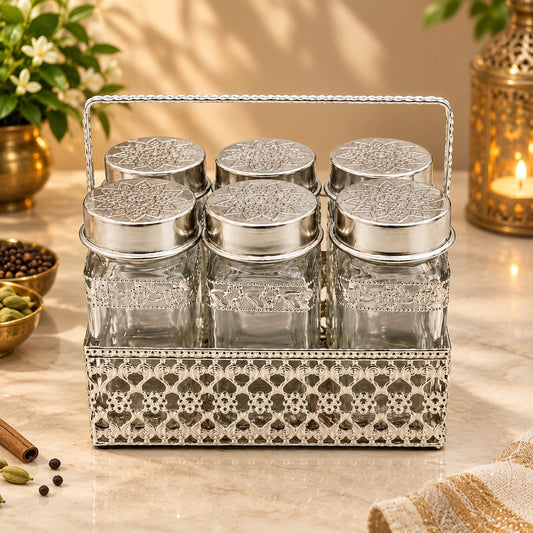 6 Piece Premium Glass Spice Jar Set With Holder